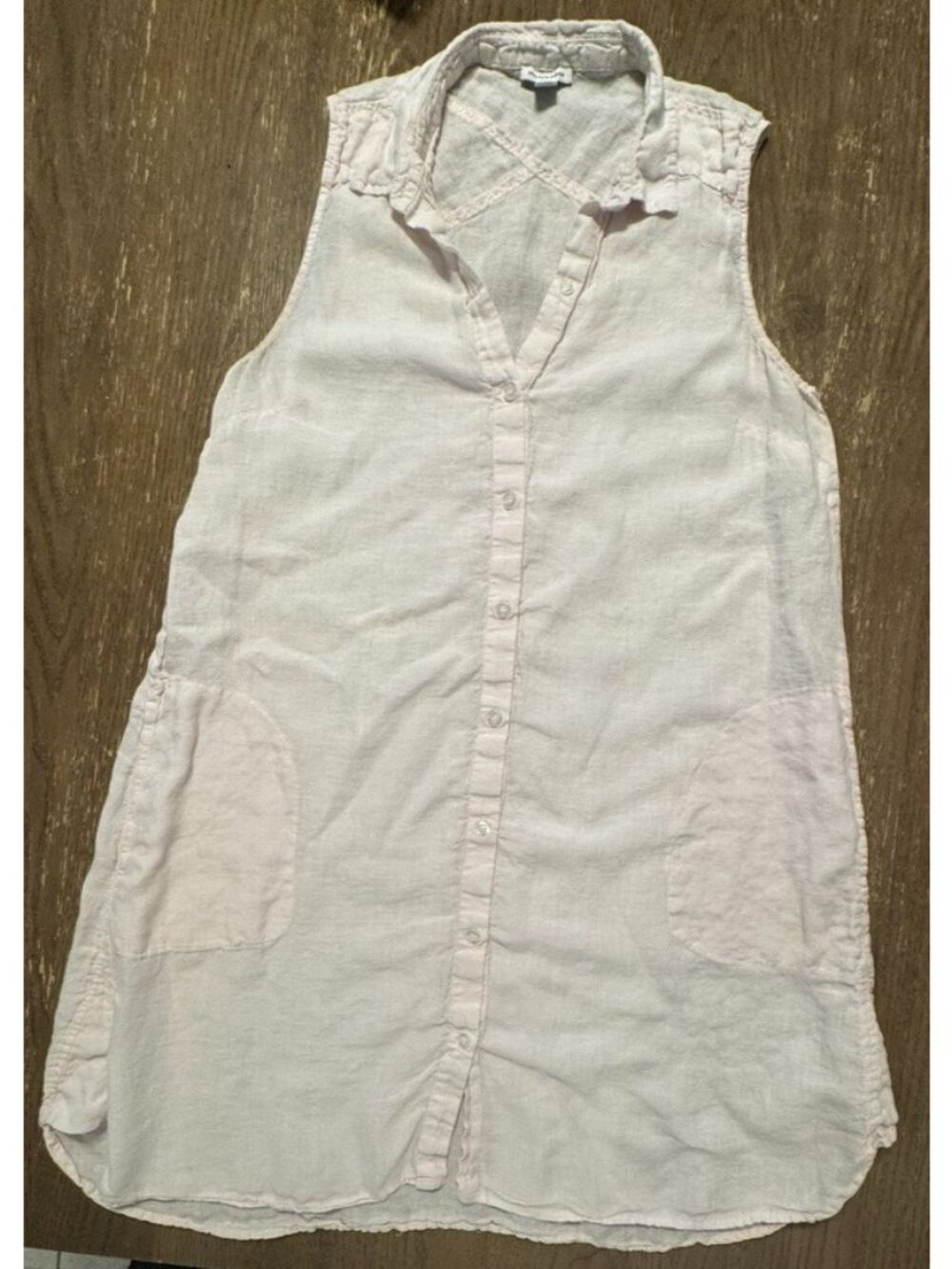 Saks Fifth Avenue Pale Pink 100% Linen Sleeveless Shirt Dress Large Pockets - Picture 7 of 10